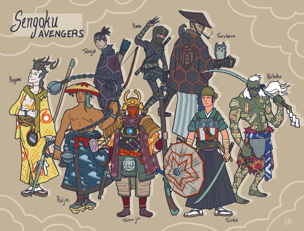 O ilustrador americano Alex Mitchell criou uma série em que reimagina os personagens de "Os Vingadores" e "X-Men" como heróis japoneses. Na imagem, os heróis de "Os Vingadores" - DeviantArt/Genesischant