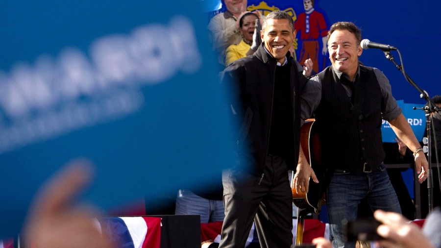 O cantor norte-americano Bruce Springsteen participa de comício de Barack Obama durante campanha em 2012 - Hirsch/Getty Images/AFP