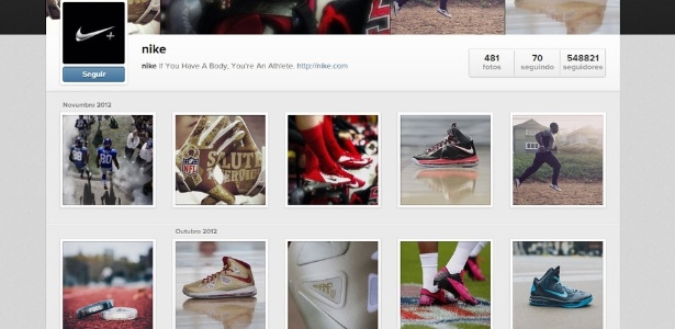 Perfil da empresa de material esportivo Nike no Instagram; rede social ganhou interface web nesta segunda - Reprodução