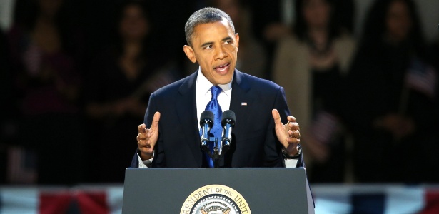 Presidente reeleito Barack Obama faz seu discurso da vitória em Chicago, berço político do democrata - Scott Olson/Getty Images/AFP
