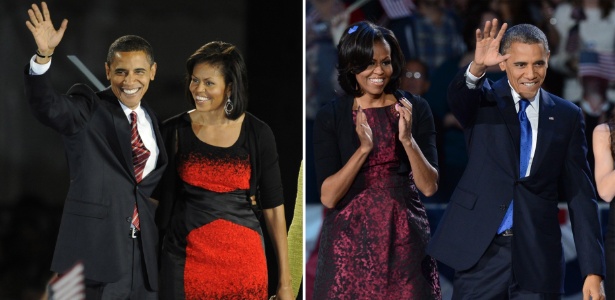 Em 2008, casal opta por vermelho na gravata e no vestido; em 2012, Obama opta pelo azul da cor do partido  - AFP