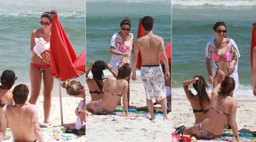 Giovanna Lancellotti aproveitou a segunda-feira para ir à praia acompanhada de alguns amigos (19/11/12). A atriz está longe da televisão desde "Gabriela"