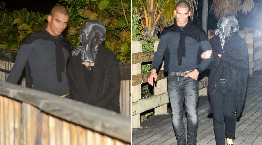 Durante um passeio com o namorado, o bailarino brahim Zaibat, Madonna preferiu esconder o rosto com um lenço preto (19/11/12). O casal foi flagrado no Soho Beach House, em Miami, EUA