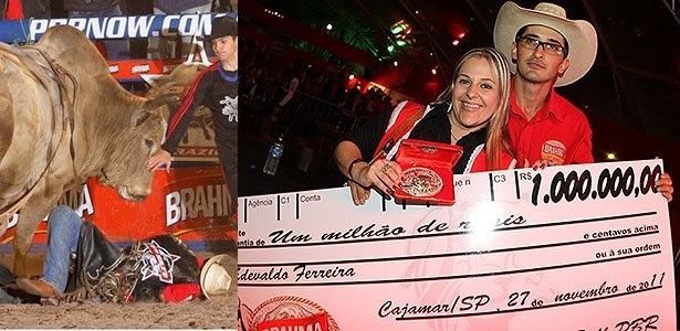 Edevaldo com a mulher Viviane e o cheque de R$ 1 milhão; do lado esquerdo, Agressivo - Super Bull PBR