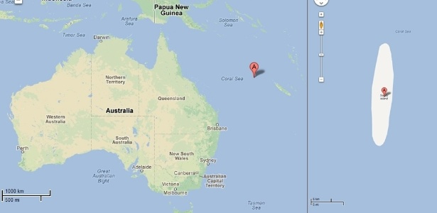 Os mapas apontam que a ilha fantasma fica no mar de Coral, no meio do caminho entre Austrália e o território francês da Nova Caledônia - Reprodução/Google