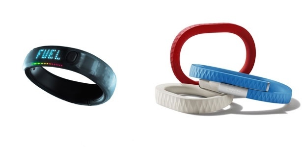 Pulseiras Nike Fuelband (e) e Jawbone Up (d) ajudam usuários a medir atividades físicas - Divulgação