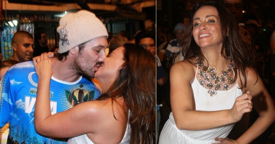 28.Nov.2012 - Suzana Pires cai no samba e beija muito no ensaio de rua da Vila Isabel
