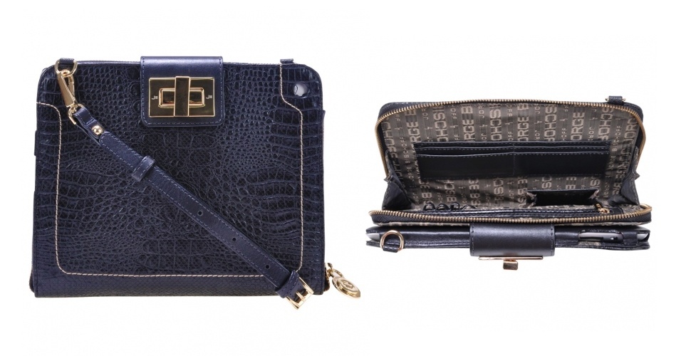 Com textura croco azul, com alça, forro e compartimentos internos; R$ 499, na Jorge Bischoff (www.jorgebischoff.com.br). Preço pesquisado em novembro de 2012 e sujeito a alterações - Divulgação