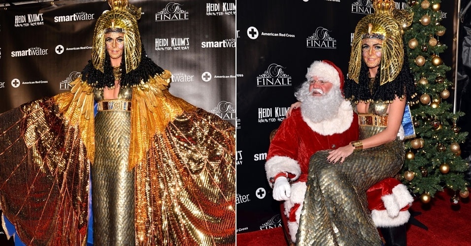Heidi Klum se veste de de Cleópatra em festa em Nova York. A modelo sentou no colo do Papai Noel no evento