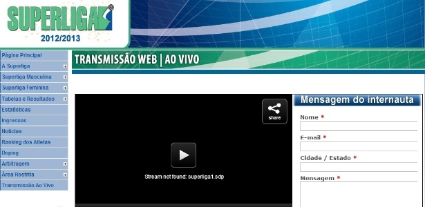 Página do site da CBV que transmite jogos ao vivo das Superligas masculina e feminina - Reprodução