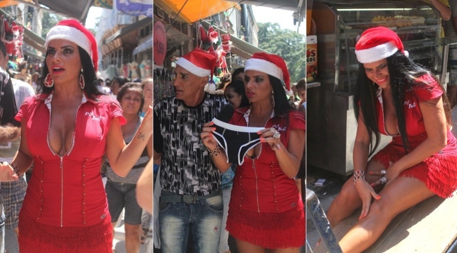 6.dez.2012 - A modelo Solange Gomes esteve no comércio do Saara, centro do Rio. Vestida de Mamãe Noel, ela e Amin Khader gravaram quadro para o programa "Hoje em Dia", da Record