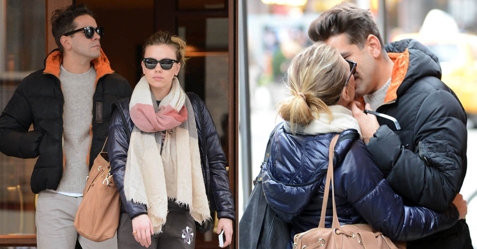 5.dez.2012 - Scarlett Johansson é vista aos beijos com novo namorado em Nova York
