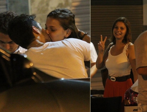 7.dez.2012 - Milena Toscano beija o namorado em bar no Leblon, Rio de Janeiro