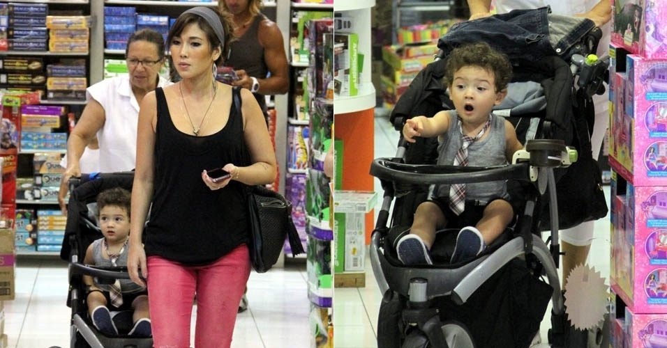 10.dez.2012 - Daniele Suzuki passeia com o filho em loja de brinquedos de shopping no Rio