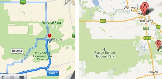 À esquerda, o mapa da Apple, que coloca a cidade de Mildura dentro do parque. À direita, o mapa do Google, que mostra a real distância entre o parque e a cidade (localizada onde está a marcação do balãozinho "A") - Reprodução 