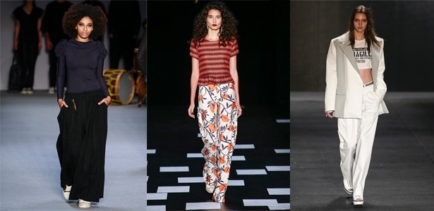 Bianca Marques, Nica Kessler e Triton desfilam diferentes modelos de calças amplas - Alexandre Schneider/UOL