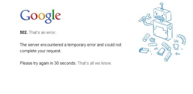 Erro 502 do Google exibido na tarde desta segunda (10) para quem tentava acessar o Gmail - Reprodução