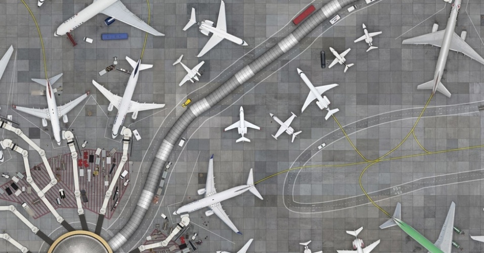 Para o fotógrafo, as imagens lembram neurônios e formam um aeroporto imaginário. Para fazer estas imagens, o piloto não podia parar em cima dos aeoportos, apenas pedir permissão para cruzar a área. Neste momento, as imagens eram feitas - Cássio Vasconcellos