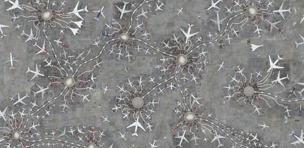 Vasconcellos sobrevoou um museu de aeronaves em Nova York (onde clicou o Concorde) e também um desmanche de aeronave nos EUA. As cúpulas com bordas douradas são uma repetição da imagem do planetário do Parque Ibirapuera em São Paulo. As cúpulas sem bordas, são do herbário do Parque Villa-Lobos - Cássio Vasconcellos