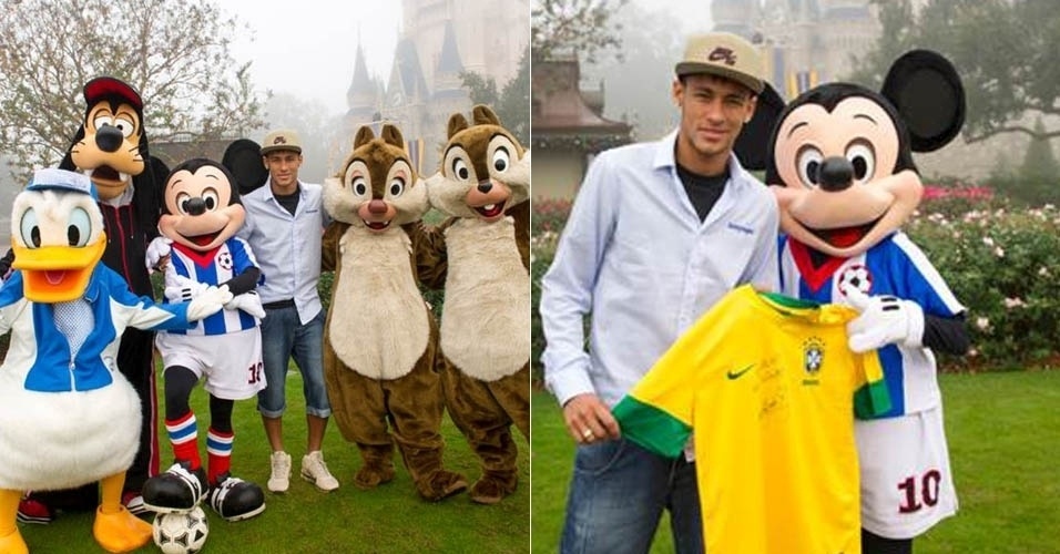 10.dez.2012 - O jogador de futebol Neymar posa com personagens da Disney em parque da Flórida