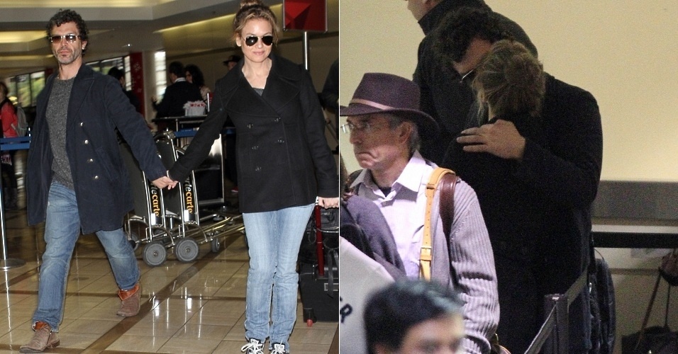 12.dez.2012 - A caminho de Nova York, a atriz Renée Zellweger beija seu novo namorado no aeroporto de Los Angeles