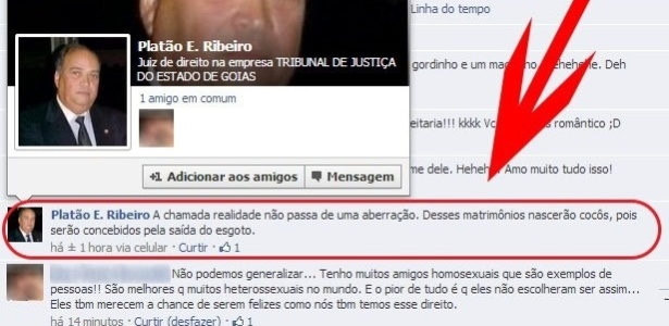 Reprodução do Facebook mostra comentário do juiz Platão E. Ribeiro sobre o casamento gay - Reprodução/Facebook