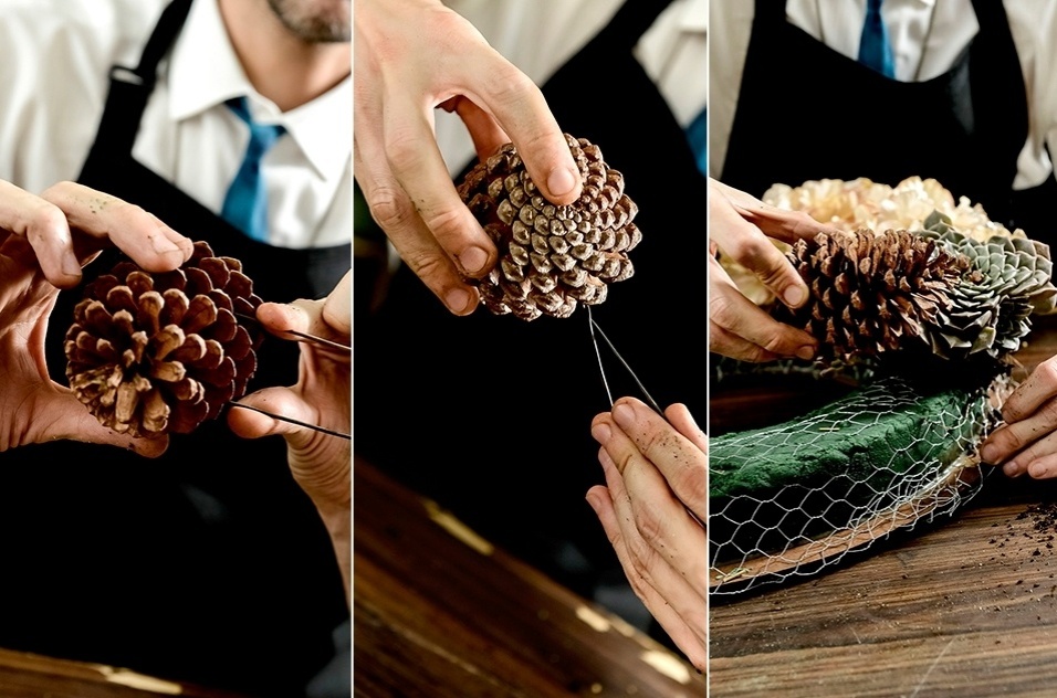 O segredo para fixar a pinha na guirlanda é fazer uma estrutura com o arame - Tadeu Brunelli / UOL