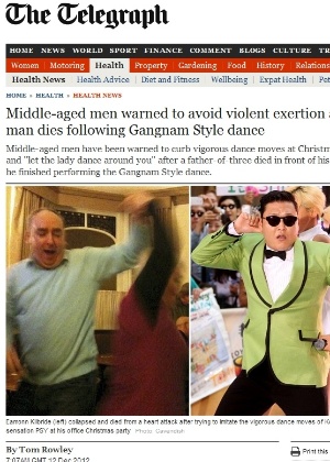 12.dez.2012 - Eamonn Kilbride (esq.) morreu enquanto dançava o hit "Gangnam Style" do cantor Psy (dir.) - Reprodução/The Telegraph