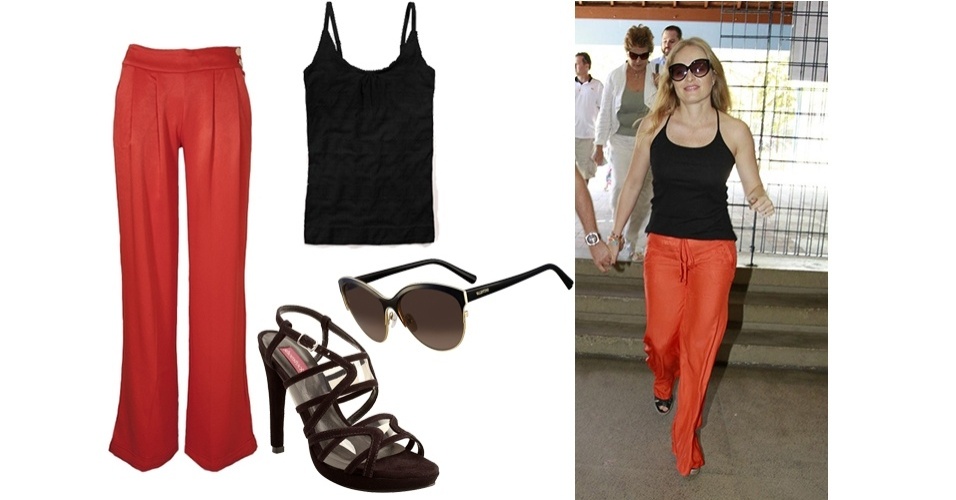 A apresentadora Angélica não deixa o conforto de lado. A calça bem soltia laranja foi usada com blusa de alcinha preta e sandália. O look é prático e não aperta a barriga de grávida - Divulgação e Agnews