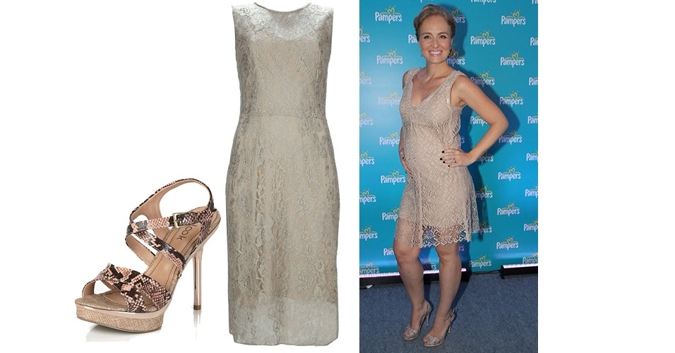 O vestido nude de renda usado por Angélica enquanto ainda estava grávida alonga a silhueta e disfarça a barriguinha. A combinação com sandália de cobra cria um mix de texturas discreto - Divulgação e Agnews