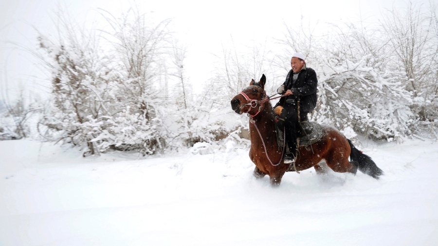 17.dez.2012 - Homem da etnia Uigur monta um cavalo na neve em Yili, região autônoma Xinjiang, na China - Reuters