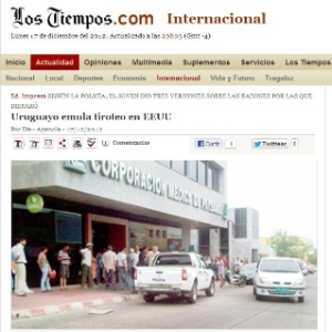 Jornal "Los Tiempos" mostra o local onde um jovem uruguaio tentou repetir o ocorrido em uma escola primária nos EUA, na sexta-feira (14). Ele efetuou três disparos, mas não feriu ninguém - Reprodução