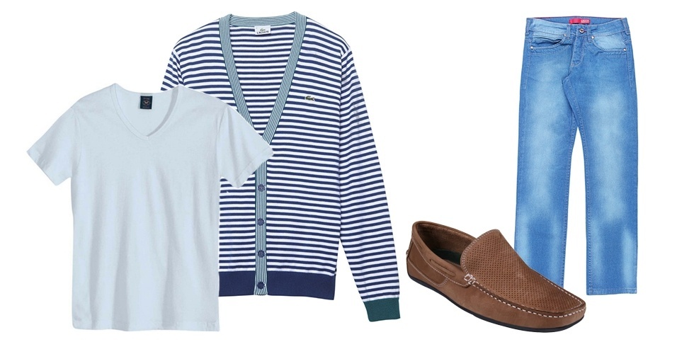 Um dos motivos para o azul estar em alta para o verão é o estilo "navy" (relativo à marinha, em inglês) que voltou com força. O listrado do cardigã leve reforça esta ideia - Divulgação