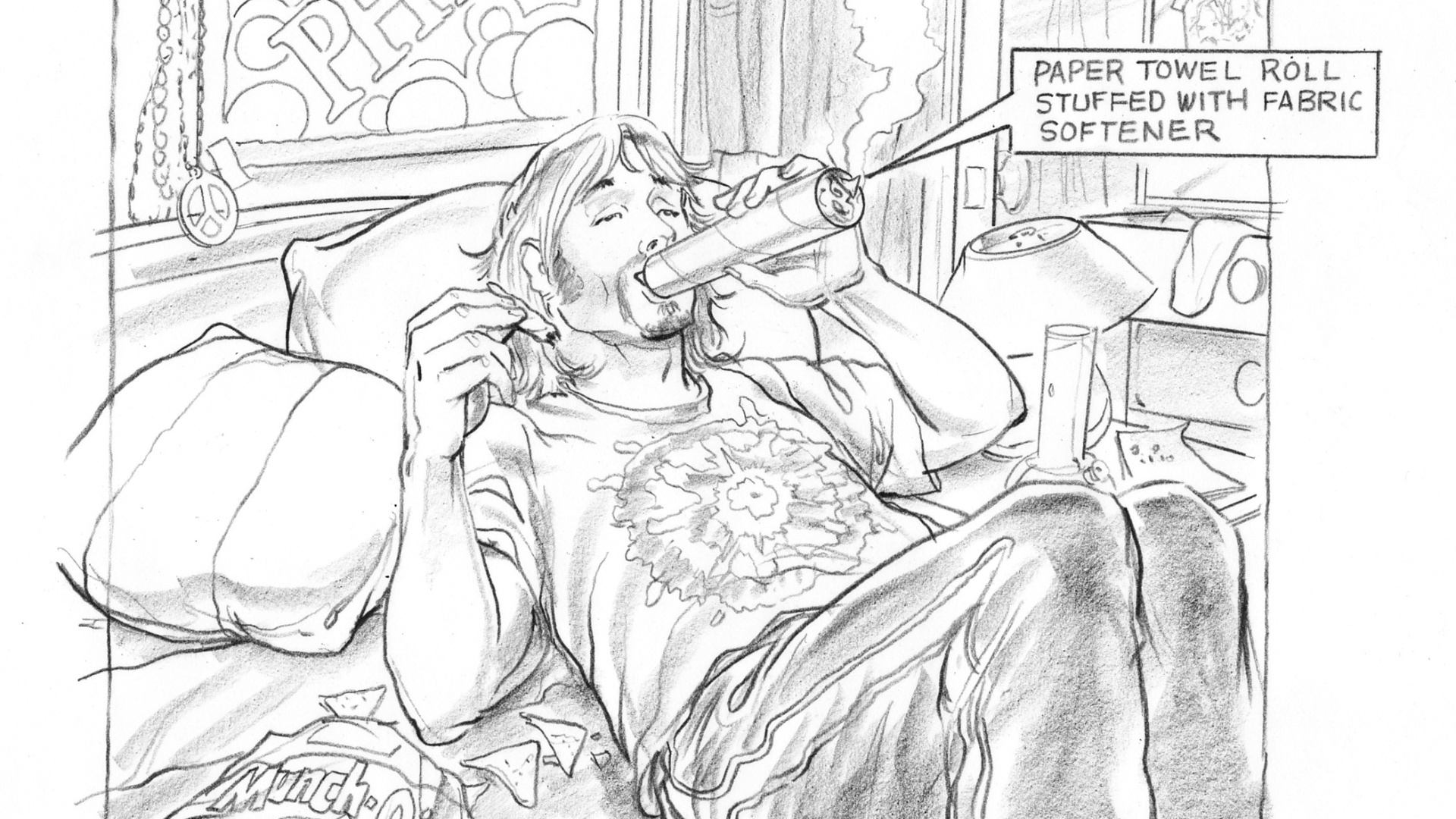 Ilustração de "O Livro Maldito - Tudo o Que Você Precisa Saber Se Não For Um Mané" mostra como fumar usando um rolo de papel toalha - Divulgação