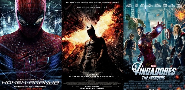Cartazes para os cinemas de "O Espetacular Homem Aranha", "Batman: O Cavaleiro das Trevas Ressurge" e "Os Vingadores" - Fotomontagem/Divulgação/UOL