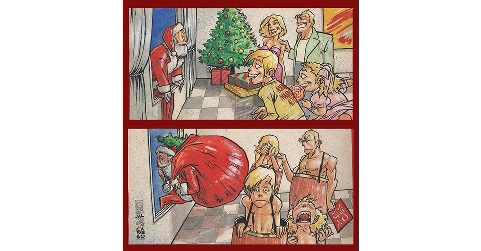 Cartun de Jal e Carielo em homenagem ao "AMIGO DA ONÇA", personagem criado por Péricles Maranhão nos anos 40 para a revista "O Cruzeiro", utilizados com autorização da família. - Divulgação