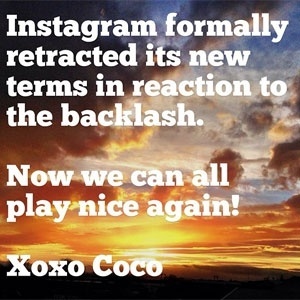 Modelo Coco Rocha ficou dois dias sem postar. Com o anúncio, ela voltou: "O Instagram oficialmente voltou atrás em seus novos termos, em reação às revoltas. Agora todos podemos voltar a brincar" - Reprodução/Instagram