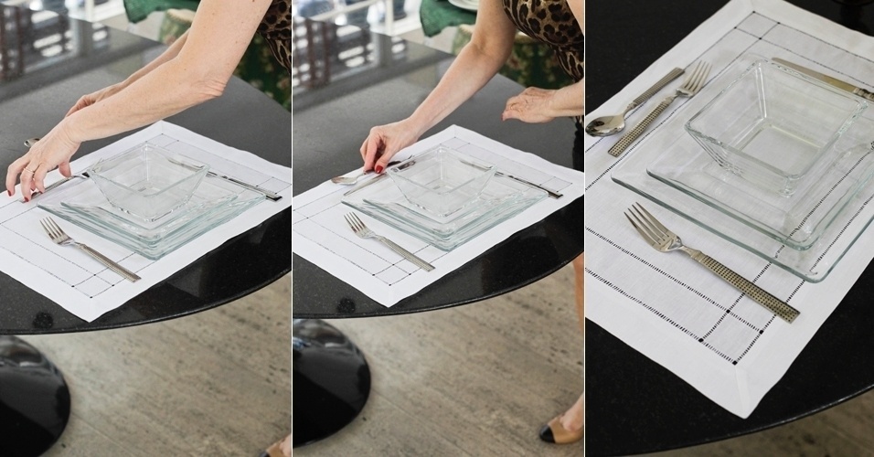 ... por sua vez, os talheres de sobremesa devem ser posicionados logo acima dos pratos: com a ponta voltada para a direita, o garfo pequeno, e do lado oposto a colher pequena. Se precisar da faca de sobremesa, descanse-a entre o garfo e a colher com a ponta virada para a esquerda - Fernando Donasci/ UOL