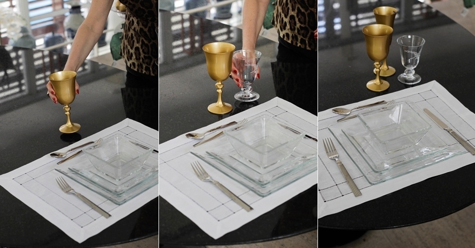 O charme desta mesa são as taças de vidro pintadas de dourado, da Krosno Phillippe. Os dois tamanhos são vendidos na Divino Espaço em jogos com seis peças, por R$ 375 (cada kit), ao passo que o conjunto com 4 taças de vinho branco custa R$ 185. Na Preçolândia, você adquire luvas com quatro taças (R$ 34,90, a de champanhe; R$ 42,90, a de vinho tinto; e R$ 36,90, a de branco, modelo Imperatriz da Nadir Figueiredo) - Fernando Donasci/ UOL