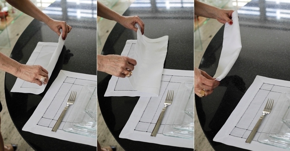 Outro detalhe charmoso desta mesa é a forma de arrumar o guardanapo. O ideal é que ele seja do mesmo tecido do jogo americano, neste caso o linho: um kit com quatro peças custa R$ 89,90, no site Dafiti. Já cada unidade em algodão sai por R$ 9, na Villa Branca. Para iniciar o arranjo, dobre-o em três... - Fernando Donasci/ UOL