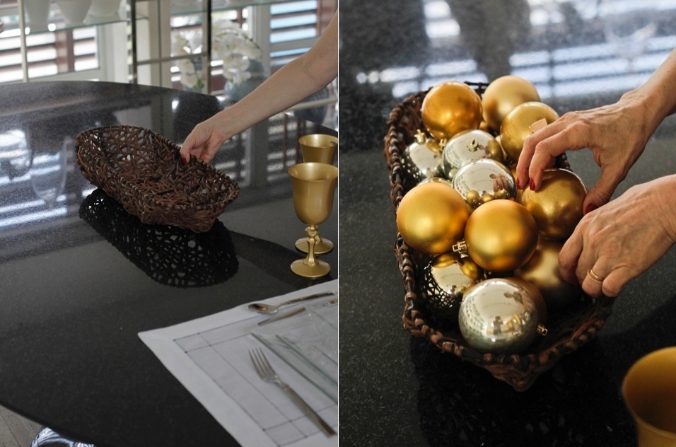 Um arranjo com bolas coloridas em uma cesta de fibra natural é delicado e barato, o da foto ainda harmoniza bem com os copos escolhidos. De toda forma, esse enfeite pode ser composto com enfeites natalinos e objetos que vocês já possua, como uma cesta de pão, por exemplo. Na Preçolândia, a cesta de rattan oval (49 cm de comprimento) sai por R$ 22,80 e o conjunto de bolas mistas douradas, com 8 peças de 6 cm, custa R$ 11,90 - Fernando Donasci/ UOL