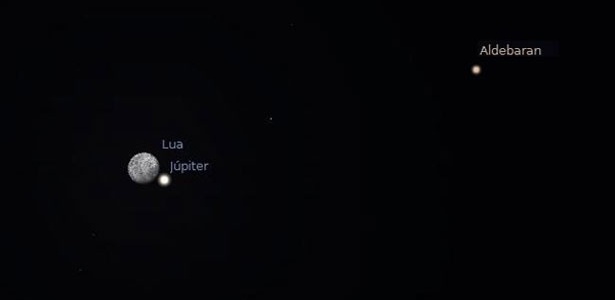 Imagem projetada pelo programa Stellarium mostra Lua, Júpiter e a estrela Aldebaran de Touro - Divulgação