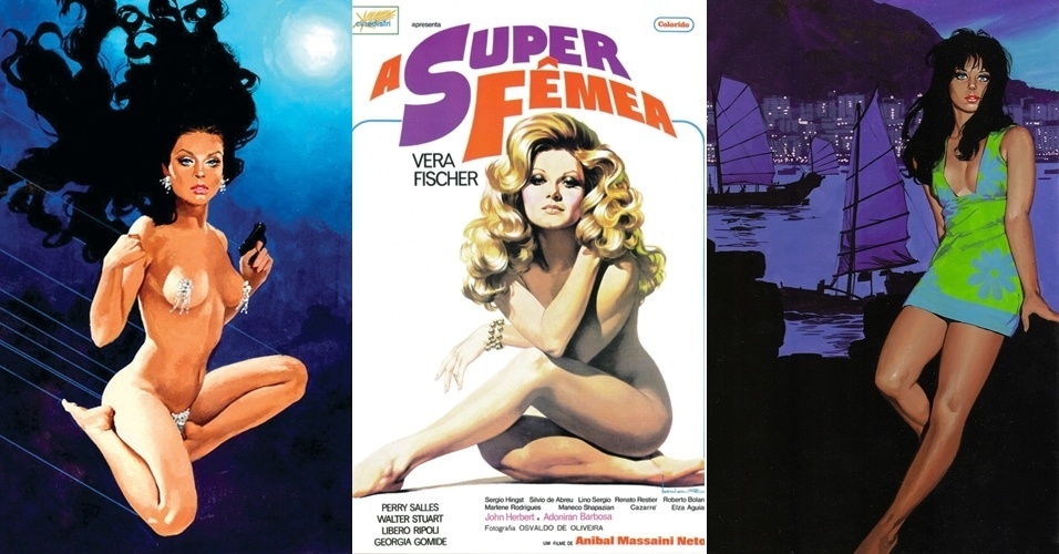 A atriz francesa Brigitte Bardot, como personagem da série "007", e a brasileira Vera Fischer, no pôster de "A Super Fêmea", ao centro - Benício