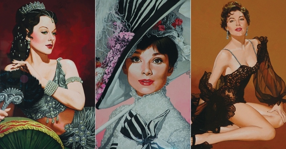 As estrelas do cinema Hedy Lamar, Audrey Hepburn e Ava Gardner retratadas no inconfundível estilo a guache de Benício - Benício
