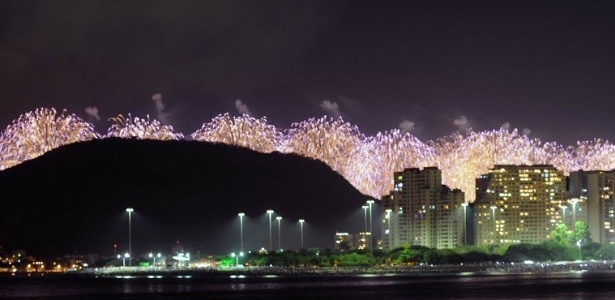 Fogos de artifício são vistos na orla da praia de Copacabana, no Rio de Janeiro, durante festa de Réveillon em 2013 - Vanderlei Almeida/AFP