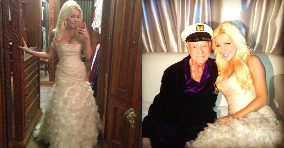 O fundador da revista "Playboy", Hugh Hefner, casou-se em uma cerimônia íntima na noite da virada de 2012 para 2013, na mansão da Playboy, em Los Angeles (EUA). Hefner, 86 anos, e a noiva Crystal Harris, 26, divulgaram as imagens pelo Twitter. Para a ocasião, a coelhinha escolheu um tomara que caia drapeado que valorizou os seios. A saia, ao estilo sereia, contou com aplicações de tecidos que deram movimento à peça