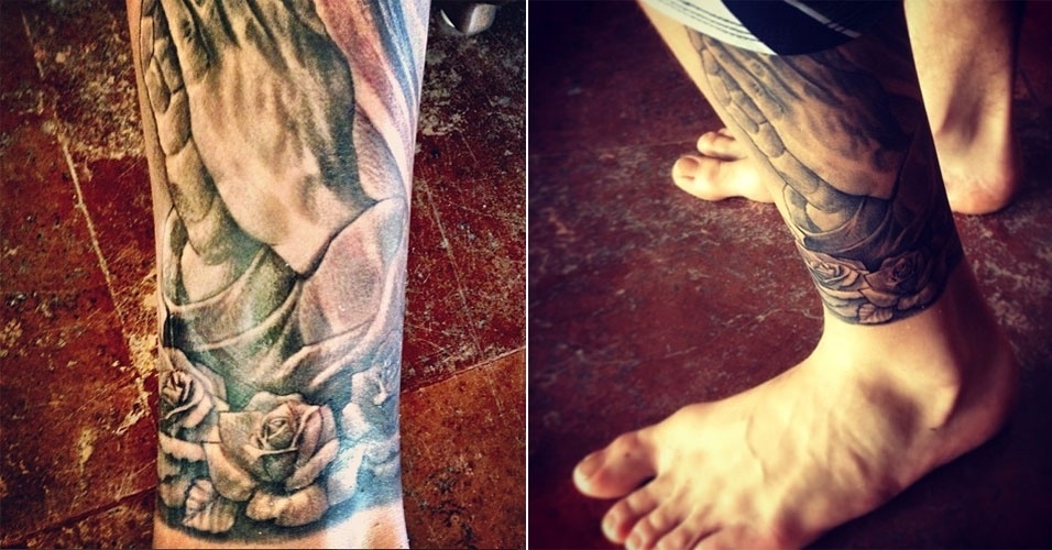 2.jan.2013 - O cantor Justin Bieber incrementou a tatuagem que tem na perna esquerda, colocando rosas abaixo das mãos em forma de oração. Bieber exibiu o novo desenho em seu Instagram