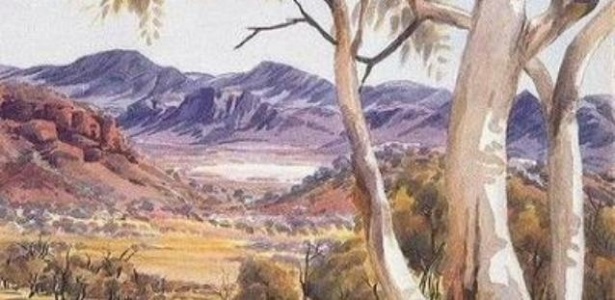 Tela do artista Albert Namatjira, que retrata as conhecidas árvores "goma fantasma", na Austrália - Reprodução