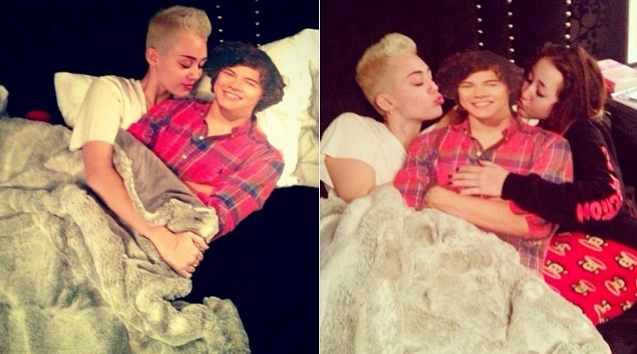 8.jan.2013 - Miley Cyrus divulgou uma imagem onde aparece abraçada a um pôster do cantor Harry Styles, da banda One Direction. Em outra foto, Miley e a irmã, Noah, brincam de dar um beijo no boneco de papel. "Tudo o que minha irmã queria no aniversário dela era o Harry Styles", escreveu Miley