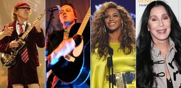 As bandas AC/DC e Arcade Fire, e as cantoras Beyonce e Cher (da esq. para a dir.) - Getty Images